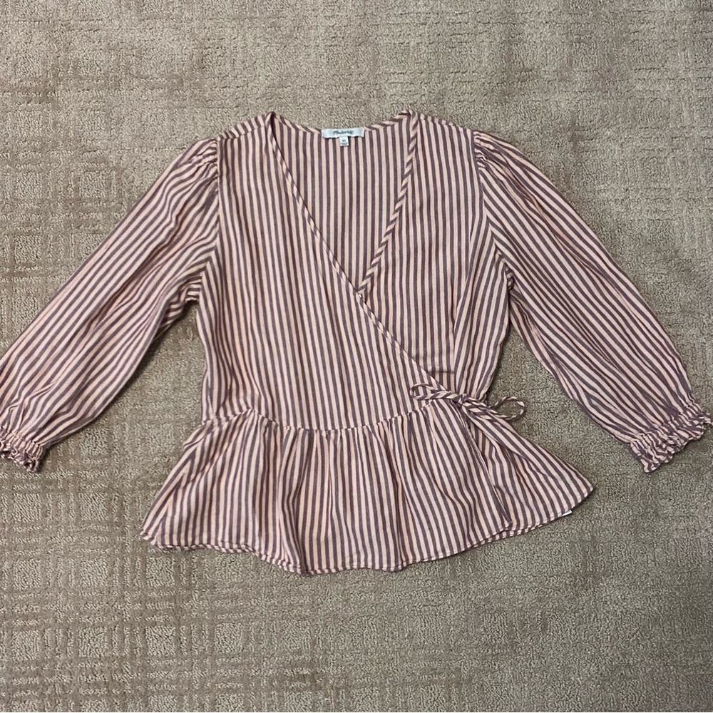 {Madewell} Striped Peplum Wrap Top With Puff-Sleeves~ Size XS